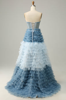 Strapless Lace-Up Back Light Blue Ball Gown Dress