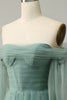 Load image into Gallery viewer, Off The Shoulder Grey Green A-Line Tull Prom Dress With Long Sleeves