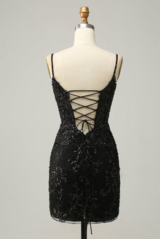 Sparkly Black Corset Sequins Tight Short Prom Dress with Lace