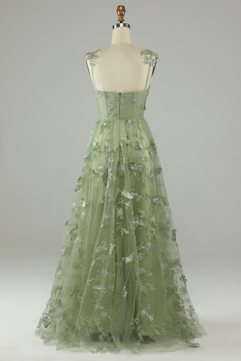 Load image into Gallery viewer, Green Corset Long Tulle Prom Dress with 3D Butterflies