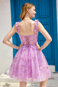 Purple A Line Corset Short Prom Dress with 3D Butterflies