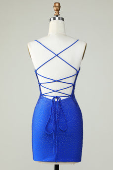 Sheath Spaghetti Straps Royal Blue Short Prom Dress with Beading