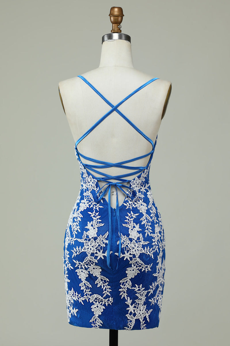 Load image into Gallery viewer, Spaghetti Straps Blue Sheath Short Prom Dress With Appliques