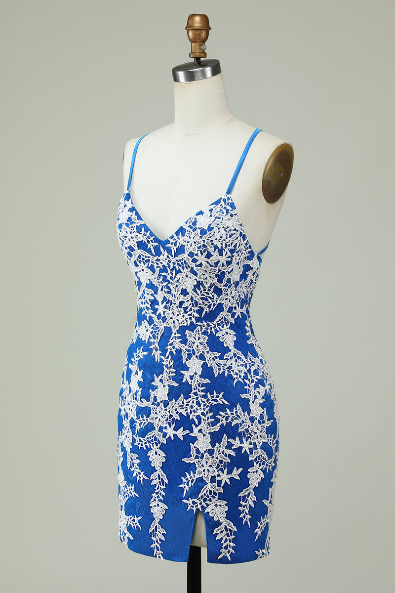 Load image into Gallery viewer, Spaghetti Straps Blue Sheath Short Prom Dress With Appliques