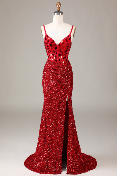 Glitter Mirror Sequins Red Corset Prom Dress with Slit