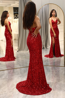 Sparkly Red Mermaid Long Mirror Prom Dress With Slit