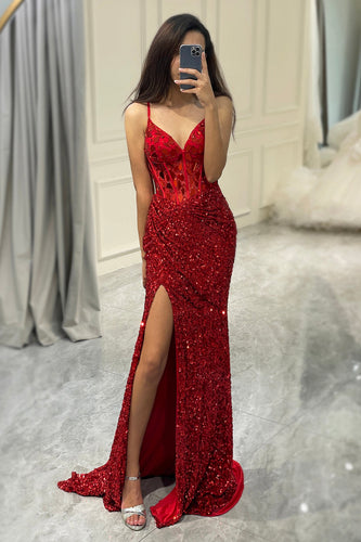 Glitter Red Mermaid Long Mirror Prom Dress With Slit