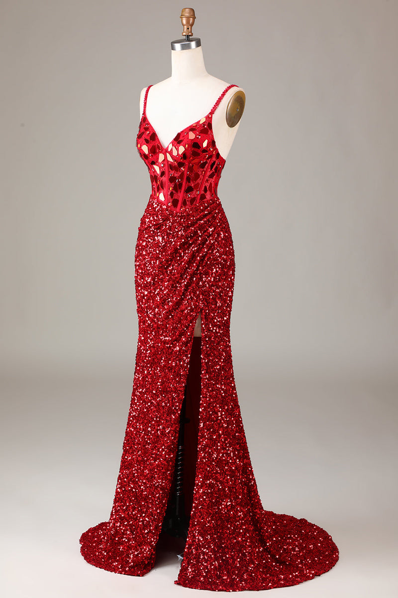 Load image into Gallery viewer, Glitter Mirror Sequins Red Corset Prom Dress with Slit