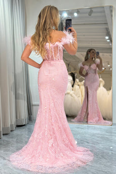 Glitter Pink Mermaid Long Prom Corset Prom Dress With Appliques