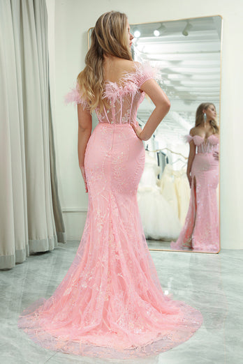 Sparkly Pink Mermaid Long Prom Corset Prom Dress With Slit