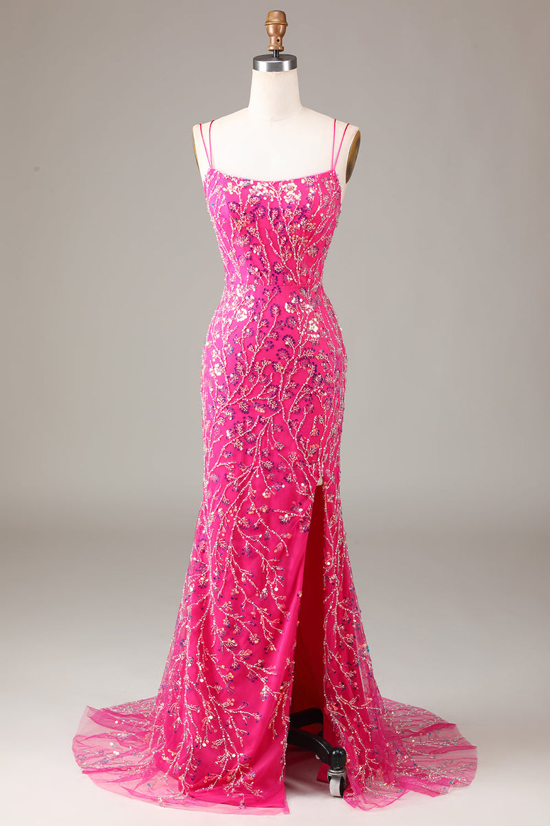 Load image into Gallery viewer, Hot Pink Sequins &amp; Beaded Mermaid Prom Dress with Slit