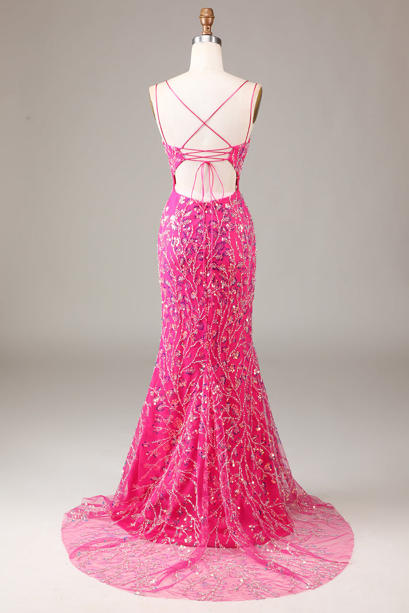 Load image into Gallery viewer, Hot Pink Sequins &amp; Beaded Mermaid Prom Dress with Slit