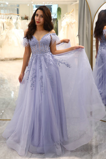 Lilac A Line Long Corset Prom Dress With Appliques