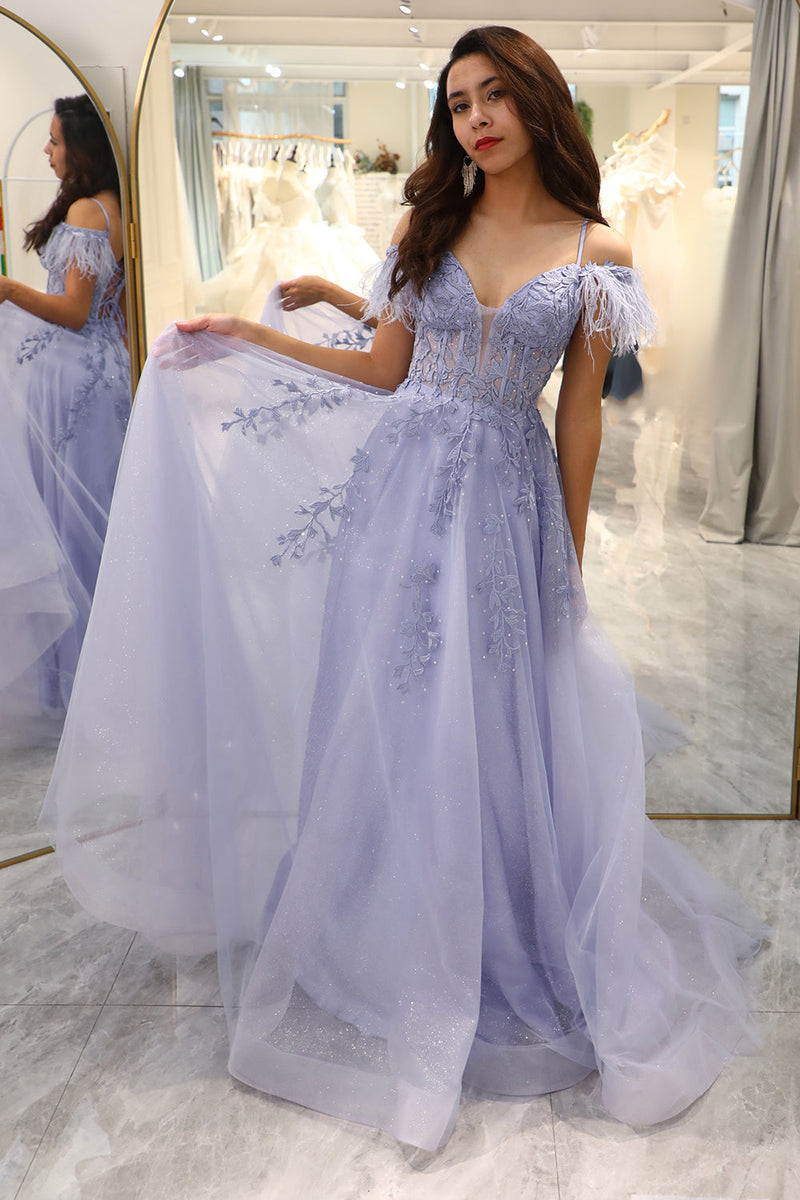 Load image into Gallery viewer, Lilac A Line Long Corset Prom Dress With Appliques