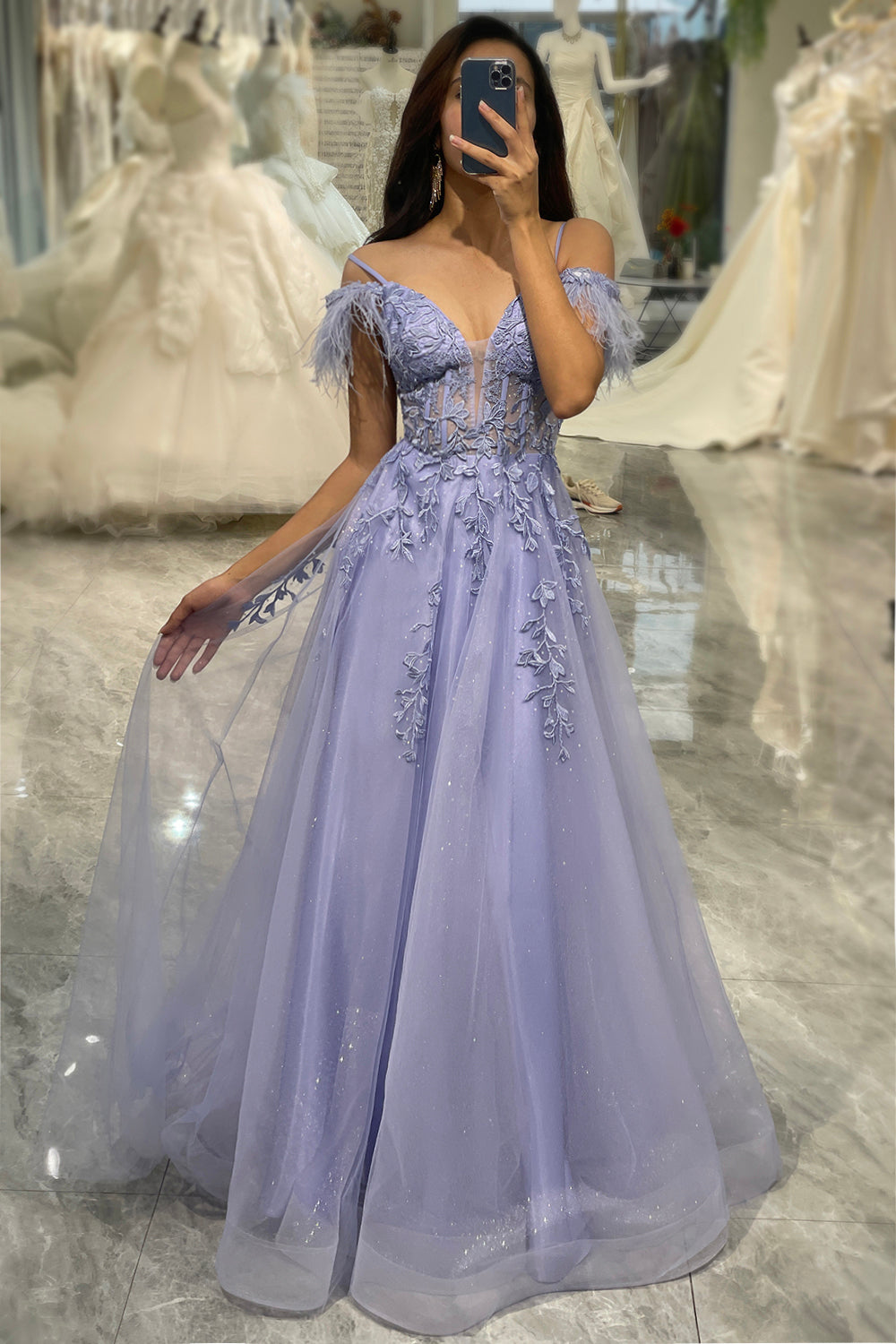 Lilac A Line Tulle Long Corset Appliqued Prom Dress