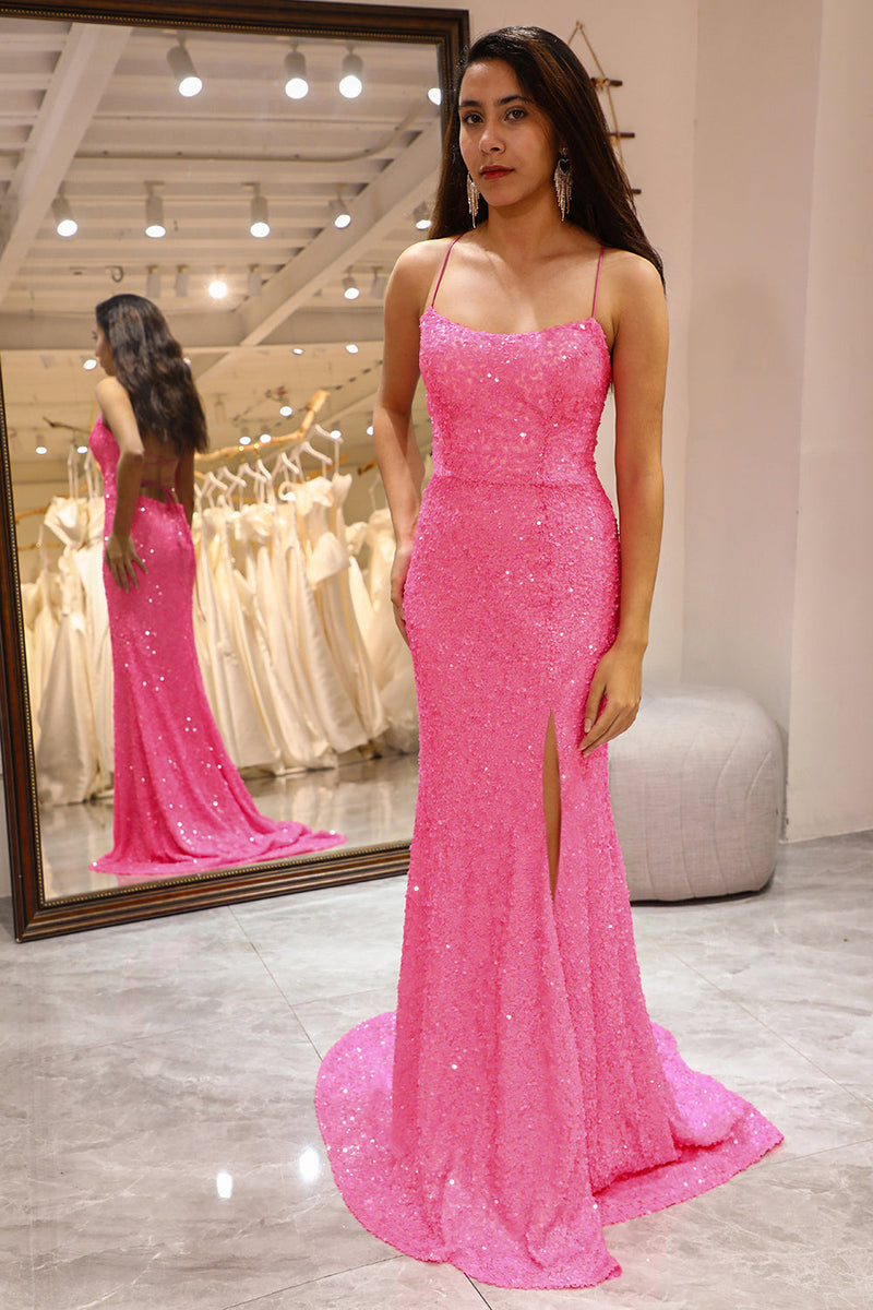 Load image into Gallery viewer, Sparkly Pink Mermaid Long Prom Dress With Slit