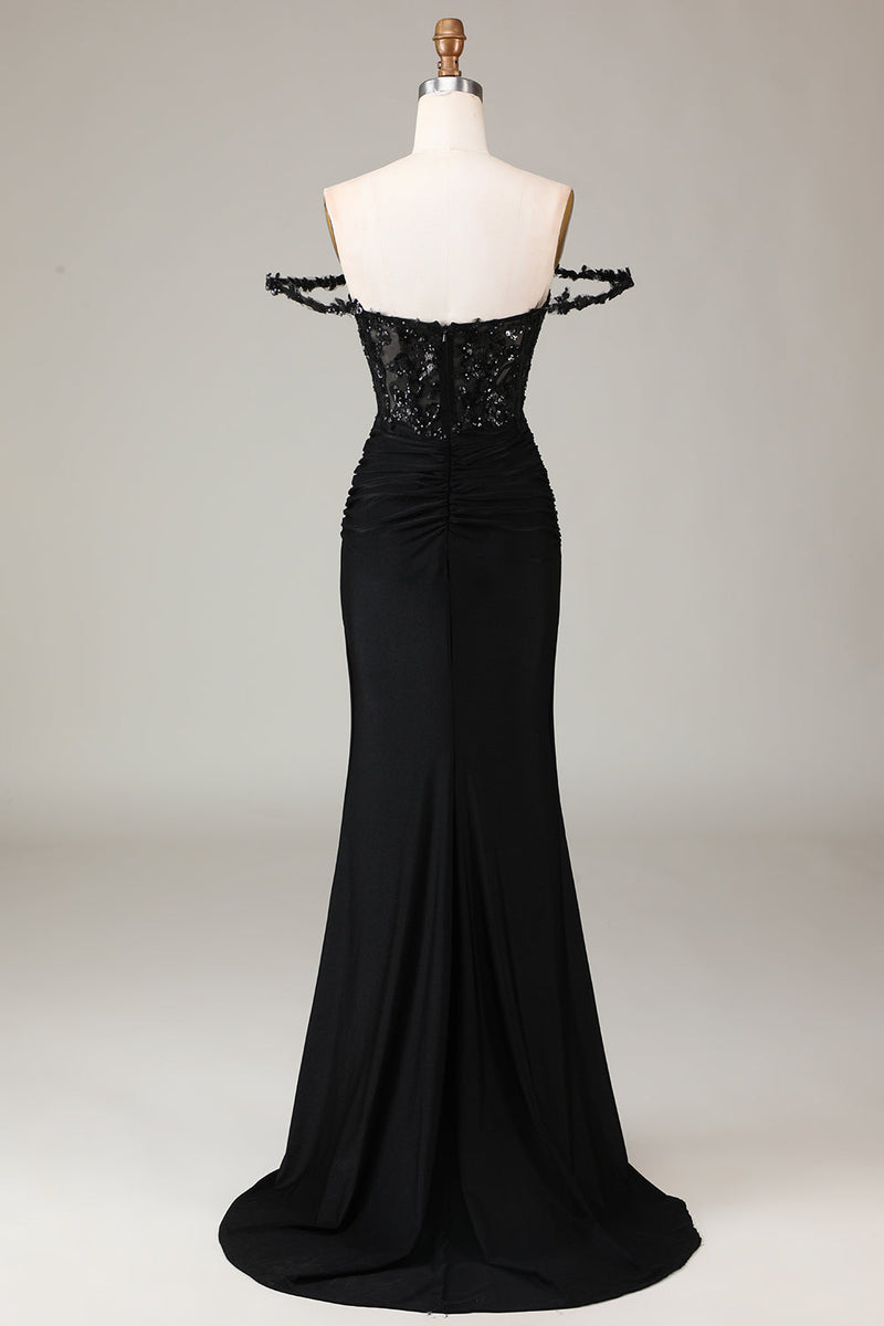 Load image into Gallery viewer, Off the Shoulder Black Sparkly Mermaid Prom Dress