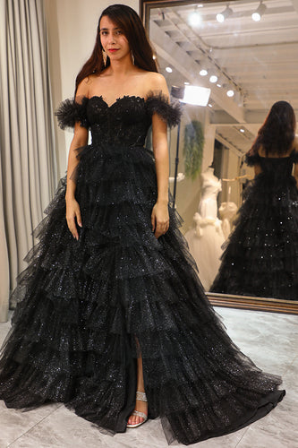 Sparkly Black Long Corset Tiered Detachable Off the Shoulder Prom Dress With Slit