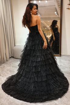 Sparkly Black Long Corset Tiered Detachable Off the Shoulder Prom Dress With Slit