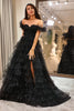 Load image into Gallery viewer, Sparkly Black Long Corset Tiered Detachable Off the Shoulder Prom Dress With Slit