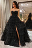 Load image into Gallery viewer, Sparkly Black Long Corset Tiered Detachable Off the Shoulder Prom Dress With Slit