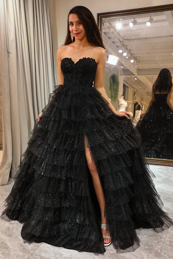 Sparkly Black Long Corset Tiered Detachable Off the Shoulder Prom Dress With Slit