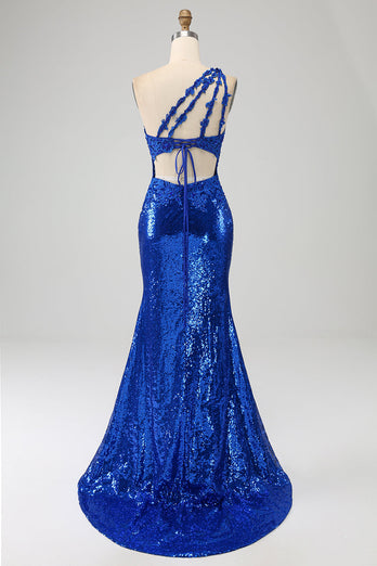 One Shoulder Royal Blue Mermaid Prom Dress with Slit