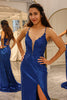 Load image into Gallery viewer, Sparkly Royal Blue Mermaid V Neck Long Prom Dress With Slit