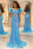 Load image into Gallery viewer, Shiny Light Blue Mermaid Long Prom Dress With Feather