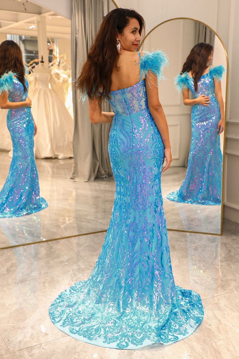 Load image into Gallery viewer, Glitter Light Blue Mermaid Long Feathered Prom Dress