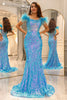 Load image into Gallery viewer, Shiny Light Blue Mermaid Long Prom Dress With Feather