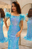 Load image into Gallery viewer, Shiny Light Blue Mermaid Long Prom Dress With Feather