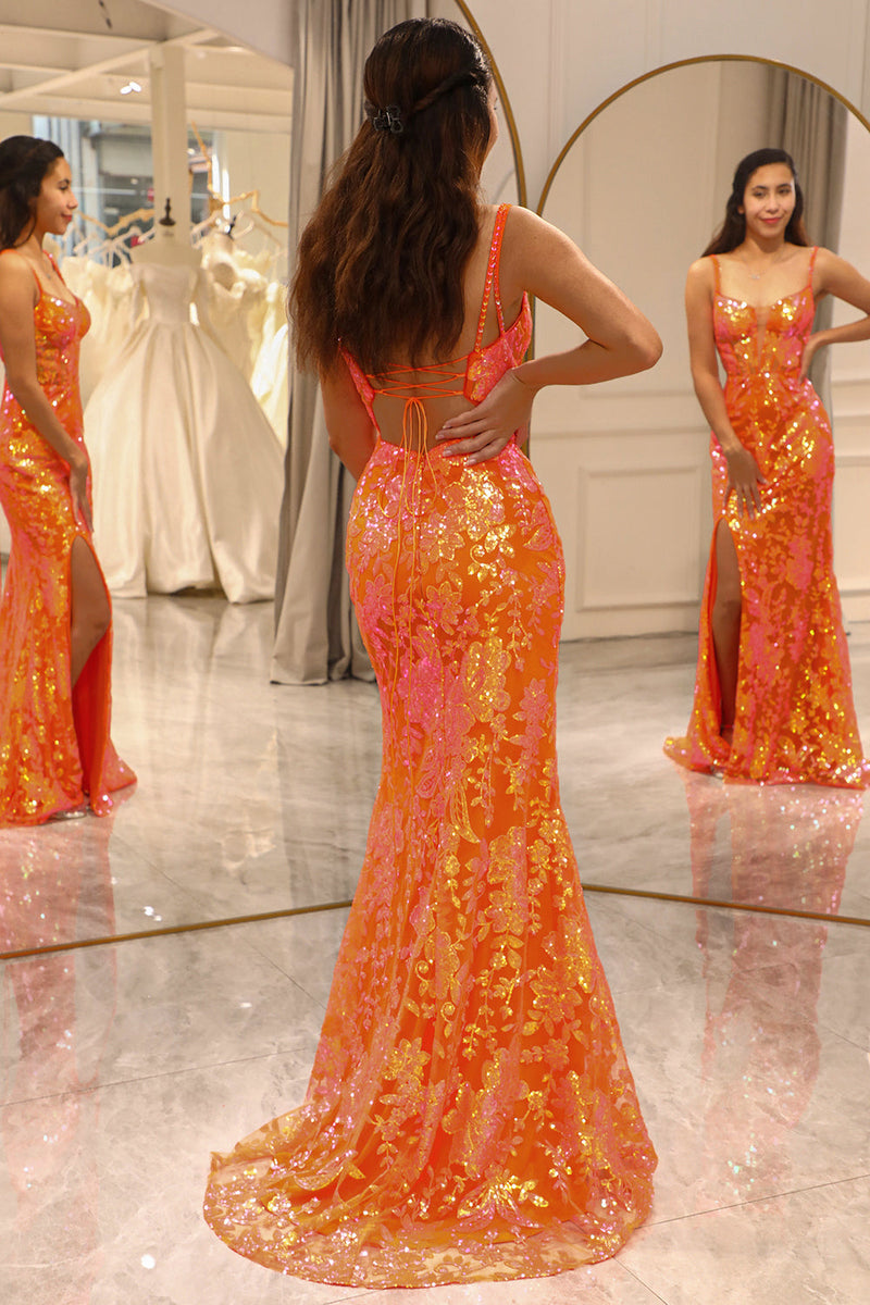 Load image into Gallery viewer, Sparkly Orange Mermaid Long Corset Prom Dress With Slit