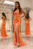 Load image into Gallery viewer, Sparkly Orange Mermaid Long Corset Prom Dress With Slit