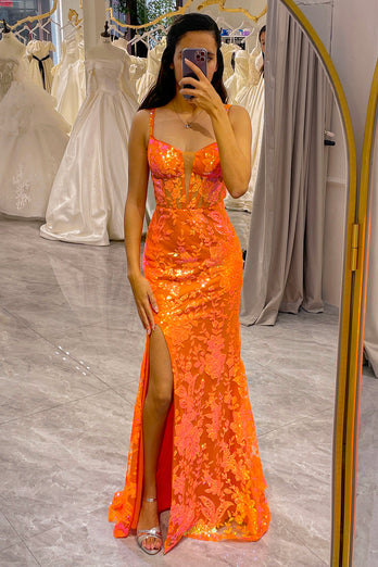 Glitter Orange Mermaid Long Corset Prom Dress With Slit