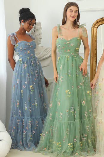 Green Embroidery Long Prom Dress