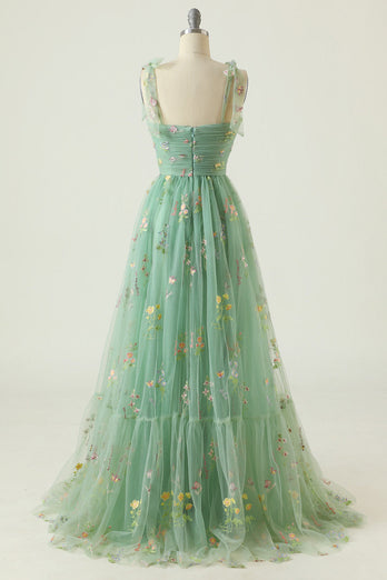 Green Embroidery Long Prom Dress