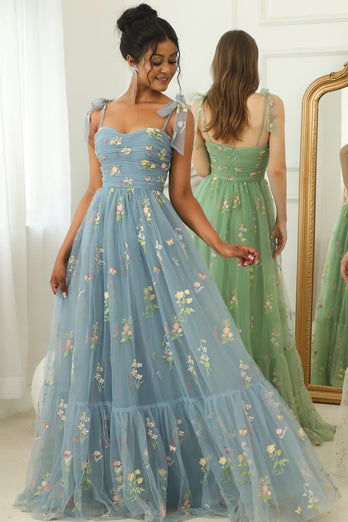 Green Embroidery Long Prom Dress