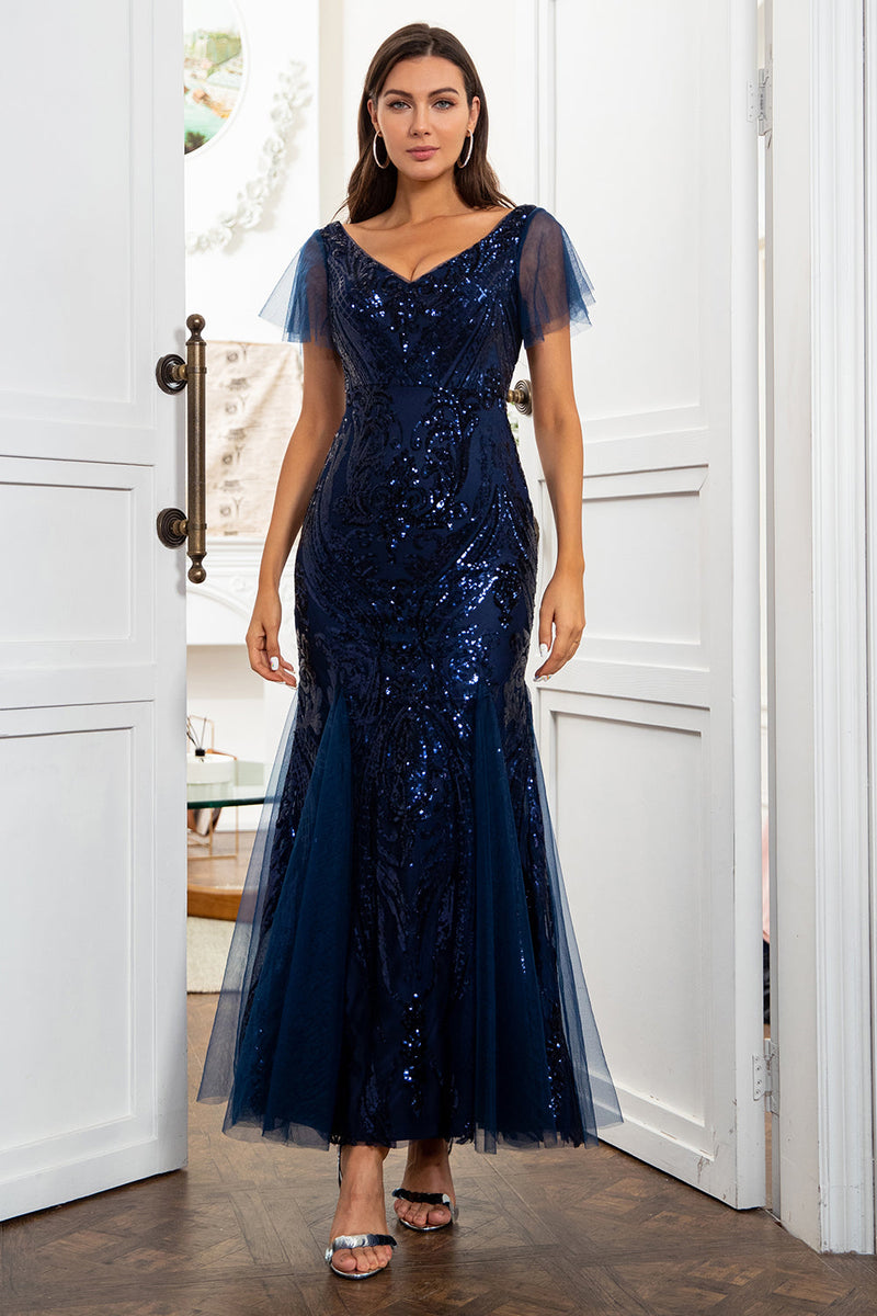 Load image into Gallery viewer, Navy Blue Sequins Mermaid Mother of the Bride Dress