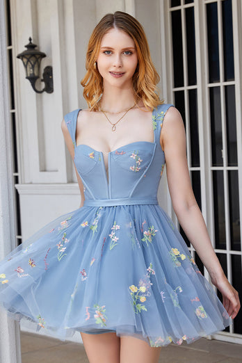 Cute A Line Sweetheart Grey Blue Short Prom Dress with Embroidery