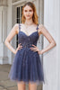 Load image into Gallery viewer, A Line Spaghetti Straps Grey Short Prom Dress with Appliques