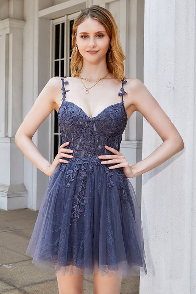 A Line Spaghetti Straps Grey Short Prom Dress with Appliques