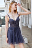 Load image into Gallery viewer, A Line Spaghetti Straps Grey Short Prom Dress with Appliques