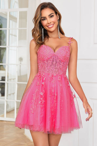 Stylish A Line Spaghetti Straps Pink Short Prom Dress with Appliques