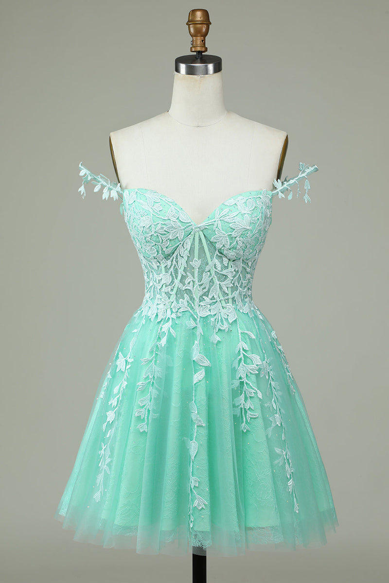 Load image into Gallery viewer, Cute A Line Spaghetti Straps Mint Short Prom Dress with Appliques