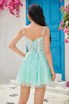 Unique A Line Spaghetti Straps Mint Short Prom Dress with Appliques