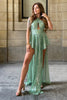 Load image into Gallery viewer, Asymmetrical Light Green Halter Sequins Homecoming Dress with Keyhole