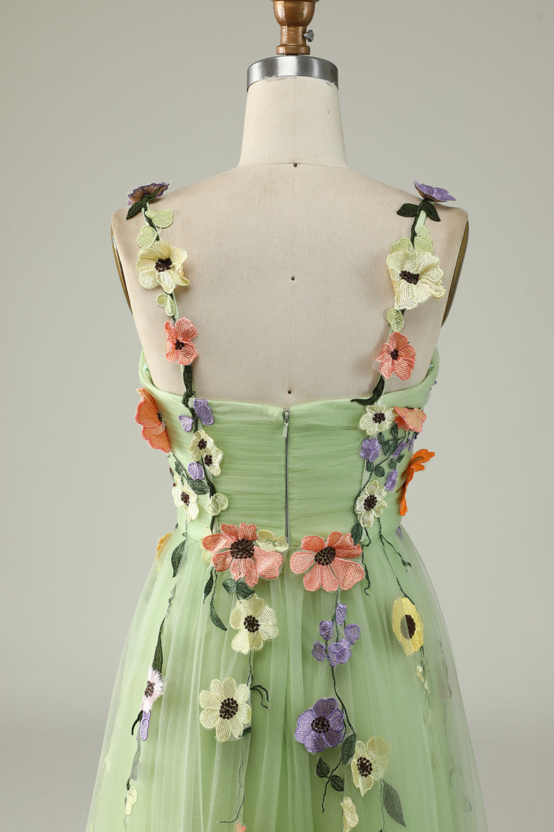 Load image into Gallery viewer, Green Spaghetti Straps Prom Dress With 3D Flowers