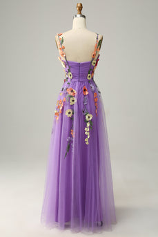 Dark Purple Spaghetti Straps Prom Dress With 3D Flowers