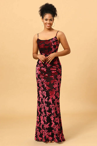 Sheath Spaghetti Straps Burgundy Printed Velvet Long Prom Dress with Silt